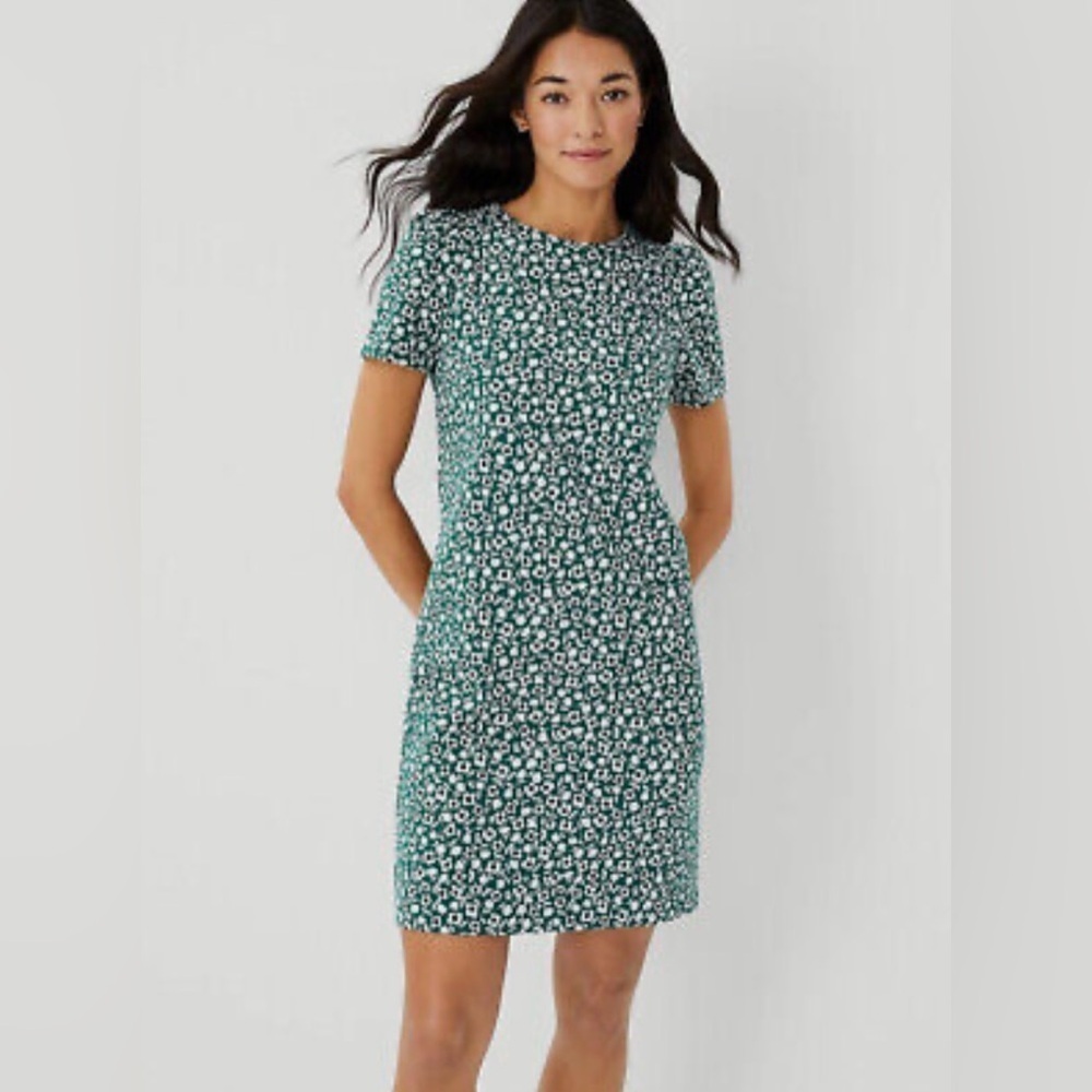NWT Ann Taylor Floral Puff Sleeve Short Sleeve Shift Dress Green Size 16